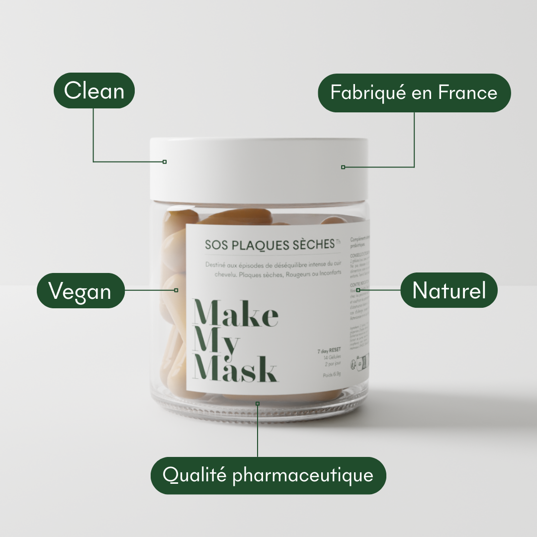 Le complément SOS plaques sèches de MakeMyMask est clean, vegan, naturel, fabriqué en France et de qualité pharmaceutique