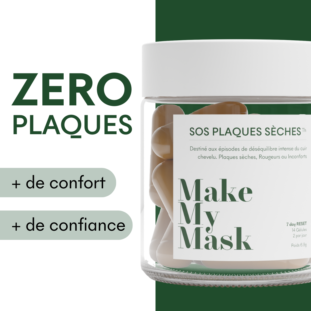 Zéro plaques, plus de confort et plus de confiance avec le complément SOS plaques sèches de MakeMyMask qui lutte contre le psoriasis et les plaques & pellicules sèches