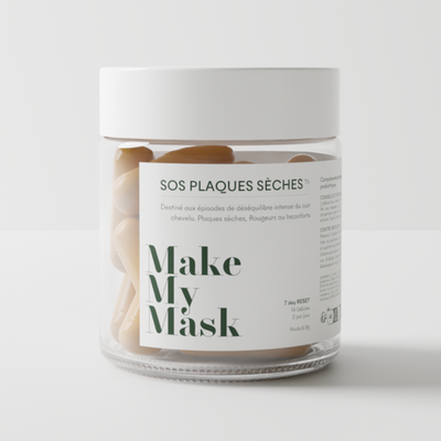 El suplemento SOS Dry Patches de MakeMyMask está dirigido a la psoriasis del cuero cabelludo, las zonas secas y la caspa.