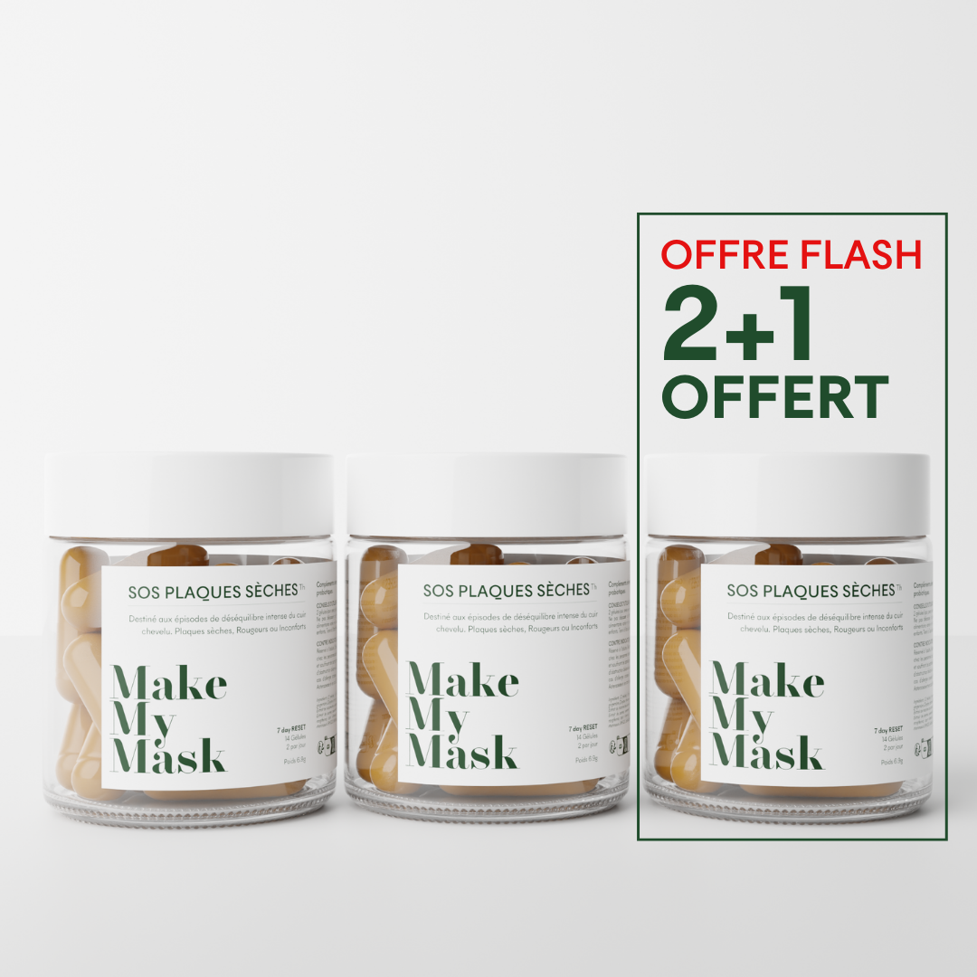 Offre Flash, le 3ème SOS Plaques sèches de MakeMyMask offert pour lutter contre le psoriasis du cuir chevelu et les plaques & pellicules sèches