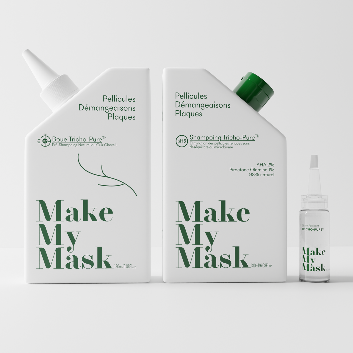 Le protocole anti-pellicules grasses et dermatite séborrhéique de MakeMyMask composé de 3 produits complémentaires