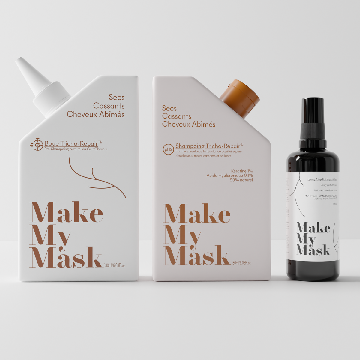 Le protocole pour cheveux secs et abimés de MakeMyMask qui contient 3 produits complémentaires